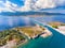 Aerial view over Lefkada Fortress and swinging bridge at the entrance of the main harbour canal