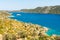 Aerial view over the the Mediterranean coastline east of Kalekoy village, with the Kekova island across the water, in Antalya