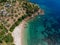 Aerial view over Megali Ammos or large sand beach in western Alonissos island, Greece