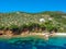 Aerial view over Megali Ammos or large sand beach in western Alonissos island, Greece