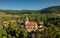 Aerial view over Mesendorf fortified church from Transylvania. Landmark in Romania.