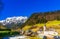 Aerial view over mountain landscape of the Alps by village Ramsau