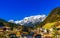 Aerial view over mountain landscape of the Alps by village Ramsau