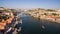 Aerial view over Porto`s old town, Ribeira, Duoro river the and the Porto Bridge Luiz I Bridge , 17 May 2017.