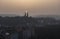 Aerial view over Prague 2 district from Nusle bridge, with typical architecture, old defense wall of Vysehrad castle and