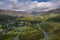 Aerial View over Scenic Village in Lake District National Park