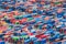 Aerial view over shipping containers stacked on a commercial port