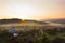 Aerial view over small rural village of Breb in magic sunrise