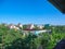 Aerial view over soviet era dacha country houses with small green gardens