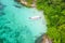 Aerial view over speed boat with beautiful sea and beach,Top vie