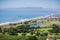 Aerial view of Pacifica Municipal Pier and Sharp Park golf course as seen from the top of Mori Point, Marin County in the
