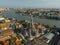 An aerial view of the Pagoda stands prominently at Wat Arun Temple with Chao Phraya River