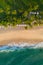 Aerial view of palm trees, Indian Oken coastline and bungalows. Island Sri Lanka.