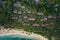 Aerial view of palm trees, Indian Oken coastline and bungalows. Island Sri Lanka.