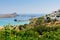 Aerial view on panorama of Lindos town with beautiful lagoon near it