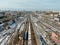 Aerial view panorama of a major railway station in the big city. Crossing of railway tracks. the picture from the drone