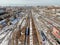 Aerial view panorama of a major railway station in the big city. Crossing of railway tracks. the picture from the drone