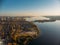 Aerial view panorama of Voronezh river at sunset in warm autumn evening