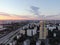 Aerial view panoramic landscape of Moscow city at sunrise. Modern houses in the rays of the golden sun.