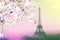 Aerial view of Paris cityscape with Eiffel tower at pink sunset . Vintage colored picture