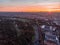 Aerial view of Paris skyline with Eiffel Tower from the Boulogne Forest at rising morning sun