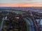 Aerial view of Paris skyline with Eiffel Tower from the Boulogne Forest at rising morning sun