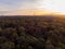 Aerial view of Paris skyline with Eiffel Tower from the Boulogne Forest at rising morning sun