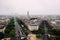 Aerial view of Paris streets and rooftops, beautiful misty day