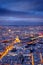 Aerial view of Paris at twilight with the Invalides, France