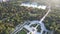 Aerial view of Parque El Retiro in Madrid, Spain at a golden hour sunrise