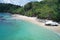 Aerial view part of destroyed boat on the beautiful tropical beach