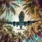 Aerial View of Passenger Plane Flying Over Tropical Palm Trees - Bottom View of the Aircraft. Generative AI