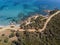 Aerial view of the path of customs officers, vegetation and Mediterranean bush, Corsica, France. Sentier du Douanier