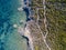 Aerial view of the path of customs officers, vegetation and Mediterranean bush, Corsica, France. Sentier du Douanier