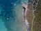 Aerial view of the path of customs officers, vegetation and Mediterranean bush, Corsica, France. Sentier du Douanier