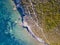 Aerial view of the path of customs officers, vegetation and Mediterranean bush, Corsica, France. Sentier du Douanier