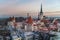 Aerial view from Patkuli viewing platform of Tallinn Old Town in a beautiful winter evening, Estonia.