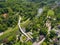 Aerial view of peasant bridge over river Olse between Cieszin and Czech Tesin. Border between Czech republic and Poland