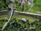 Aerial view of peasant bridge over river Olse between Cieszin and Czech Tesin. Border between Czech republic and Poland