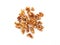 Aerial view of peeled walnuts on white background. Isolated bulk organic shelled walnuts. Pieces of Nuts. Organic and healthy food