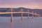 Aerial view of the Peljesac bridge at sunset