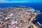 Aerial view of Peniche with the fortress, Peniche peninsula, Portugal. Peniche city buildings at Atlantic ocean coast, Portugal