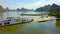 Aerial View People Leave Ferry Walk on Island among Ocean