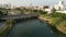 Aerial view of people paddling and kayaking in Yarkon river, Tel Aviv, Israel