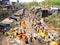 An aerial view of people selling marigold flowers at the Howrah flower market