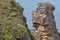 Aerial view of people visiting at the Three Sisters rock formation in the Blue Mountains of New South Wales, Australi