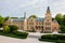 Aerial view about about the period-correctly renovated Wenckheim Palace at SzabadkÃ­gyÃ³s, Hungary.