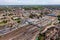 Aerial view of Peterborough train station and cityscape