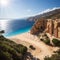 Aerial view of Petra tou Romiou, aka Aphrodite\\\'s rock a famous tourist travel destination landmark in Paphos, Cyprus.