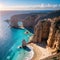 Aerial view of Petra tou Romiou, aka Aphrodite\\\'s rock a famous tourist travel destination landmark in Paphos, Cyprus.